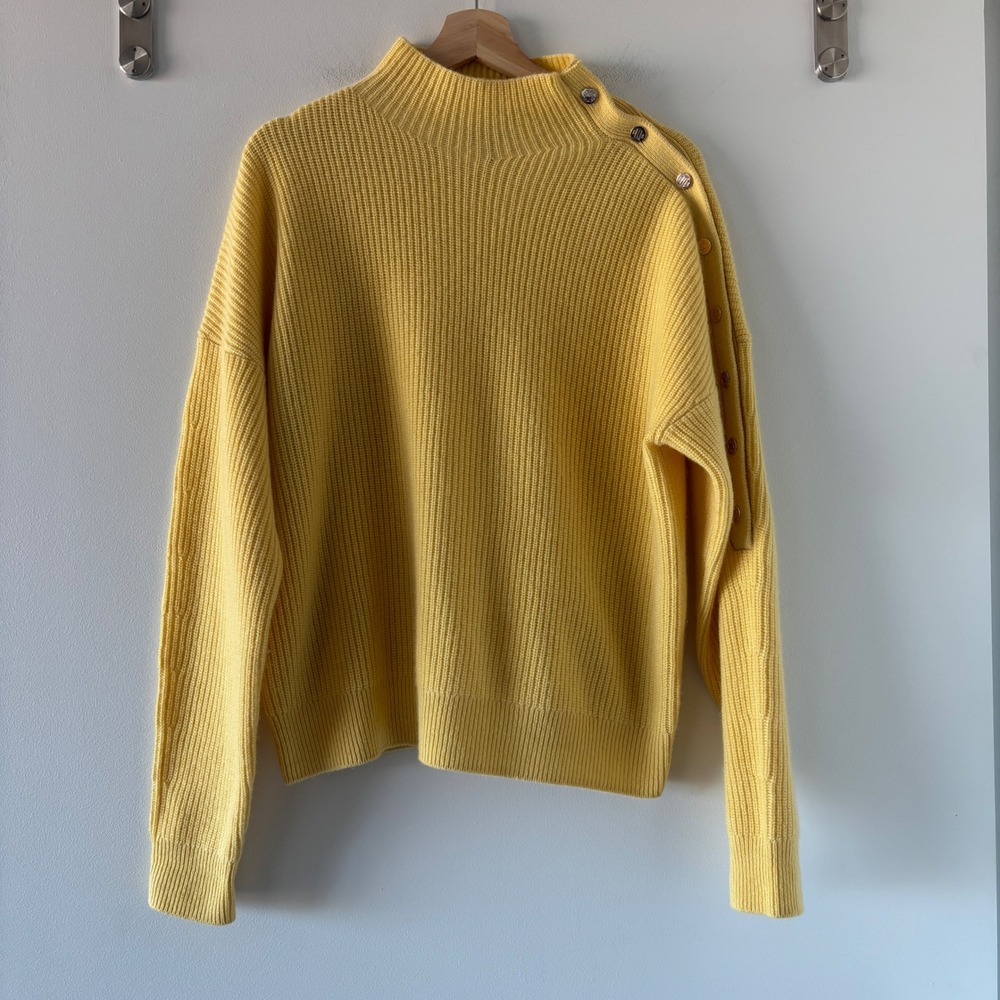 Maje Yellow 100% Cashmere Mock Neck Button Shoulder Ribbed Sweater Size 3 L